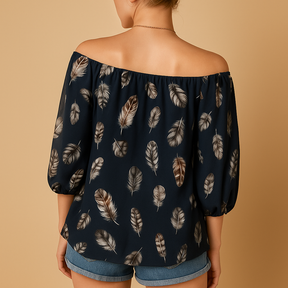 Feather print V-neck blouse for women in multiple colors, featuring a relaxed fit and lightweight design perfect for summer or casual days.