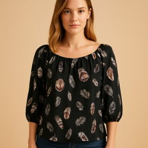 Feather print V-neck blouse for women in multiple colors, featuring a relaxed fit and lightweight design perfect for summer or casual days.