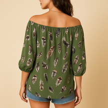 Feather print V-neck blouse for women in multiple colors, featuring a relaxed fit and lightweight design perfect for summer or casual days.