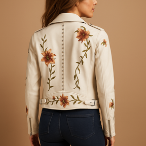 Fitted leather jacket for women with zip pockets and sleek design, ideal for both daywear and evening style.
