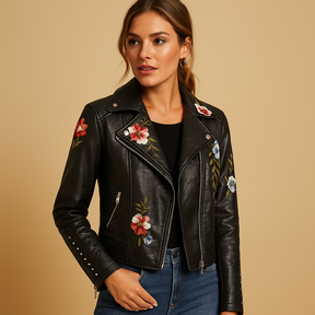 Fitted leather jacket for women with zip pockets and sleek design, ideal for both daywear and evening style.