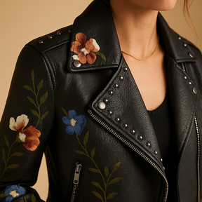 Fitted leather jacket for women with zip pockets and sleek design, ideal for both daywear and evening style.
