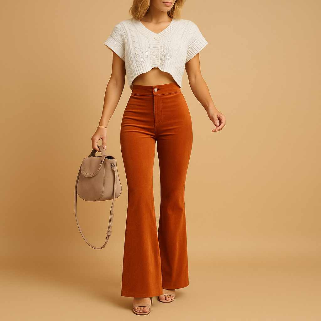 Flared corduroy pants for women in beige, navy, and chocolate brown, with high waist and feminine silhouette for casual and chic outfits.