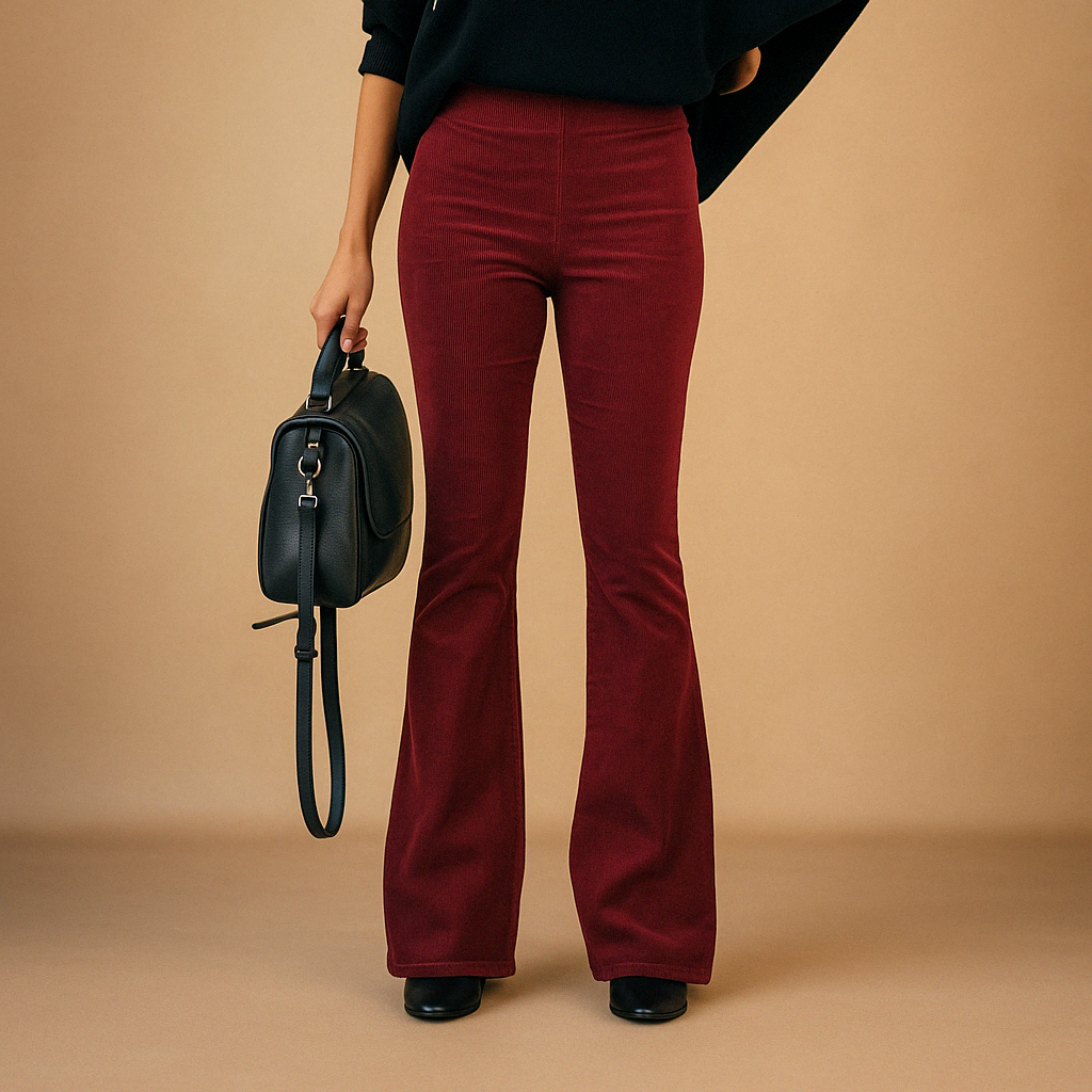 Women’s flared corduroy pants with ribbed texture and flattering fit, ideal for retro-inspired casual and semi-formal outfits.