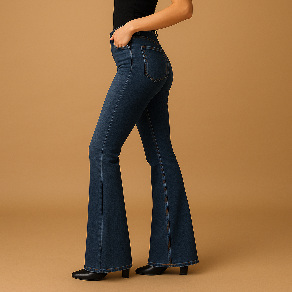 Retro-inspired flared high waist jeans for women in classic denim blue, perfect for elongating the silhouette and styling day to night.