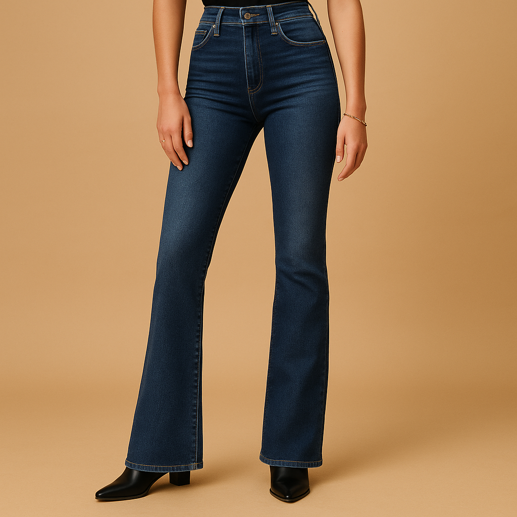 Retro-inspired flared high waist jeans for women in classic denim blue, perfect for elongating the silhouette and styling day to night.