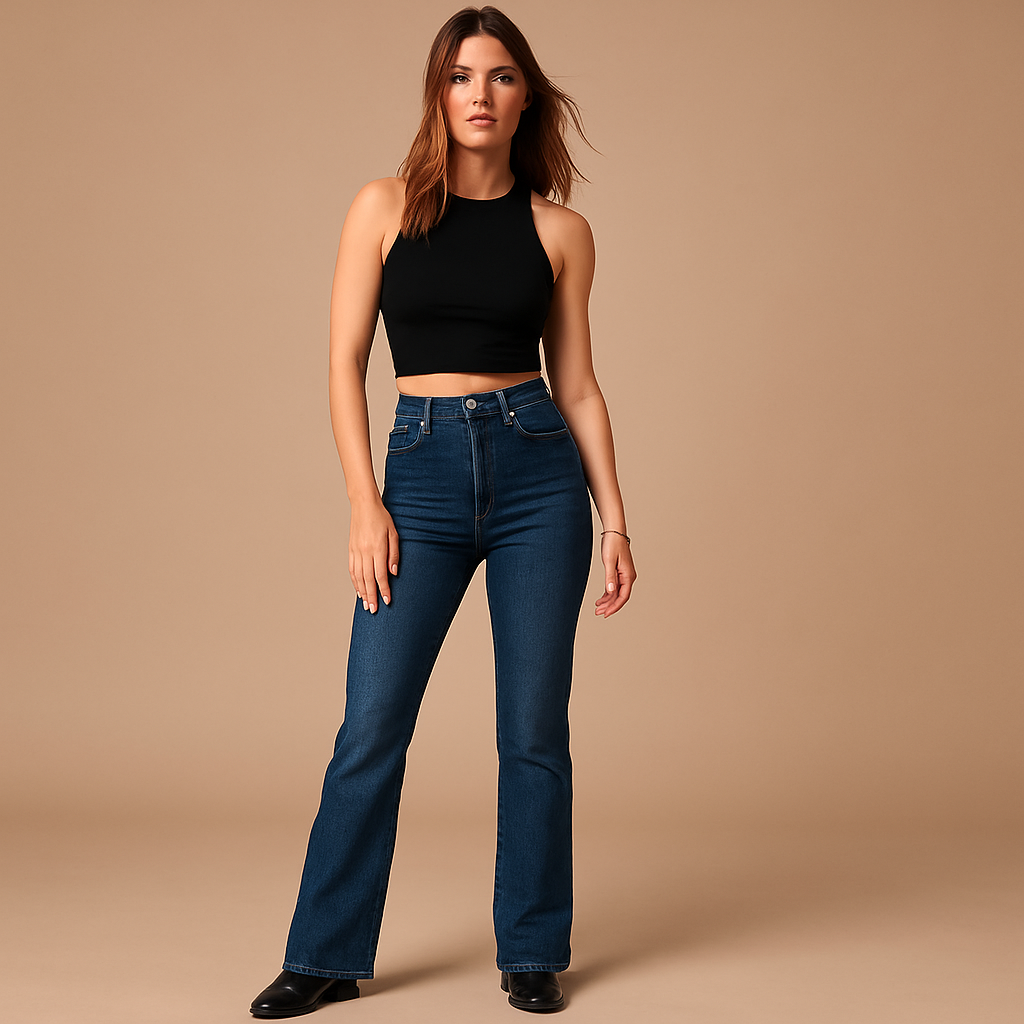 Retro-inspired flared high waist jeans for women in classic denim blue, perfect for elongating the silhouette and styling day to night.