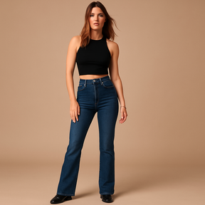 Retro-inspired flared high waist jeans for women in classic denim blue, perfect for elongating the silhouette and styling day to night.