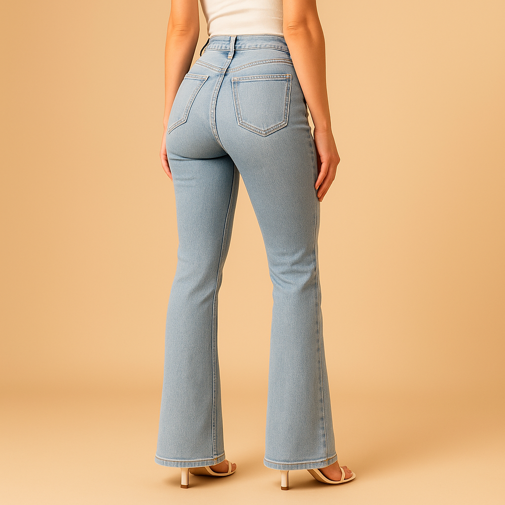 Retro-inspired flared high waist jeans for women in classic denim blue, perfect for elongating the silhouette and styling day to night.
