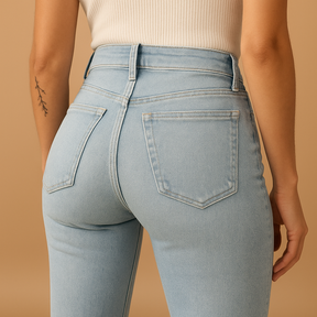 Retro-inspired flared high waist jeans for women in classic denim blue, perfect for elongating the silhouette and styling day to night.