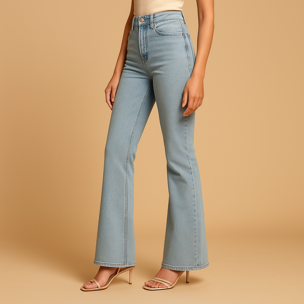 Retro-inspired flared high waist jeans for women in classic denim blue, perfect for elongating the silhouette and styling day to night.