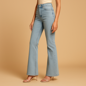 Retro-inspired flared high waist jeans for women in classic denim blue, perfect for elongating the silhouette and styling day to night.