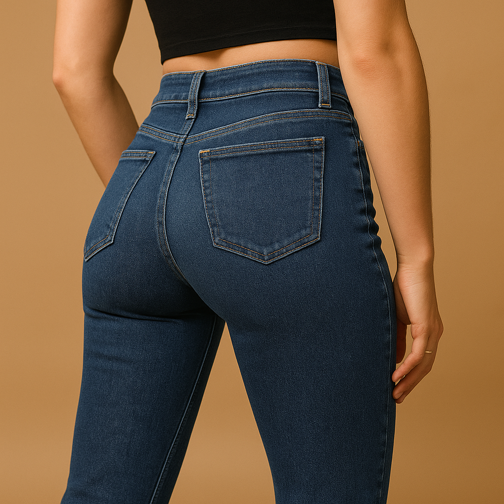 Retro-inspired flared high waist jeans for women in classic denim blue, perfect for elongating the silhouette and styling day to night.