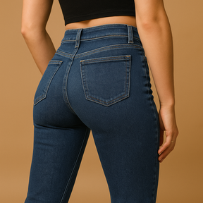 Retro-inspired flared high waist jeans for women in classic denim blue, perfect for elongating the silhouette and styling day to night.