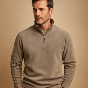 Men’s fleece half zip pullover with soft fabric, warm and versatile design in dark grey, beige, and brown for autumn and winter wear.