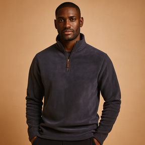 Men’s fleece half zip pullover with soft fabric, warm and versatile design in dark grey, beige, and brown for autumn and winter wear.