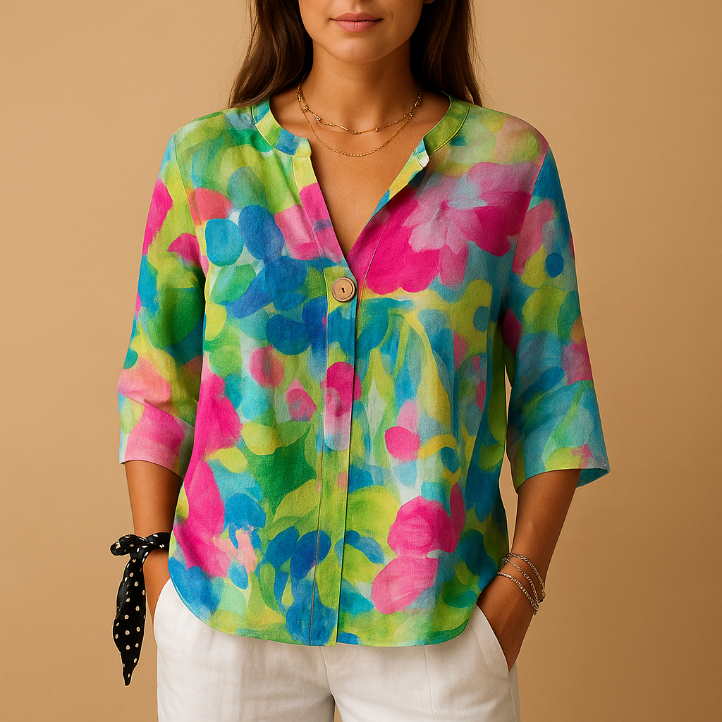 Floral blouse with relaxed fit for women featuring a classic collar and button-down front, ideal for spring, casual wear, or business looks.