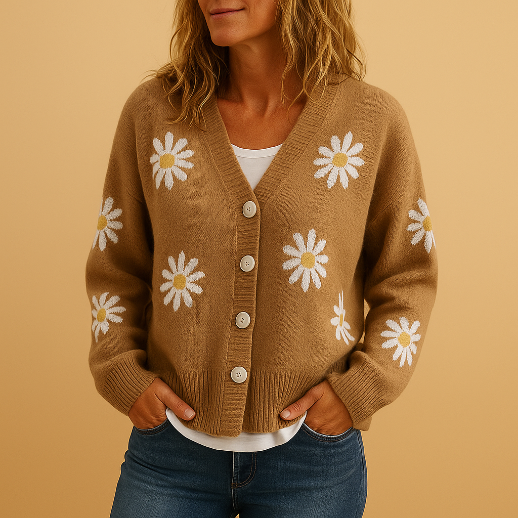 Button-up floral knit cardigan for women with soft fabric and cozy fit, available in blue, brown, grey, and more—perfect for fall and winter layering.