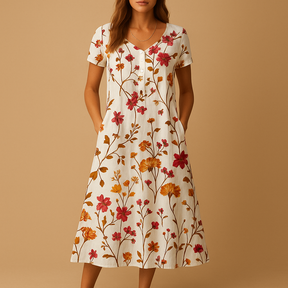 Floral casual midi dress for women in pink with refined details and comfortable fit, ideal for work, daily wear, and relaxed occasions.