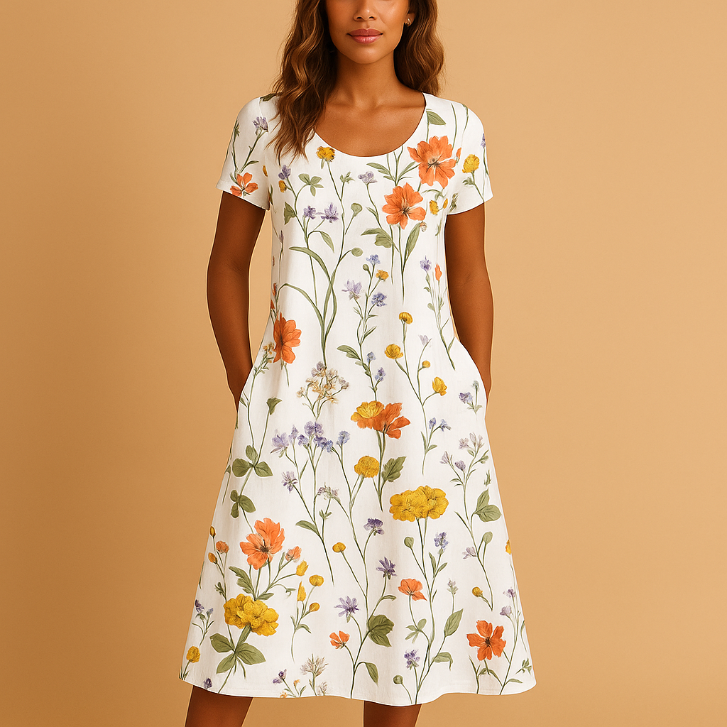Floral casual midi dress for women in pink with refined details and comfortable fit, ideal for work, daily wear, and relaxed occasions.