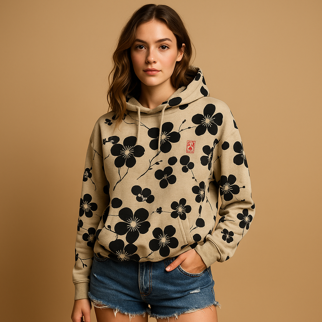 Women’s floral print hoodie sweater in black, blue, and red, featuring a soft fabric, cozy hood, and bold flower design for casual comfort.