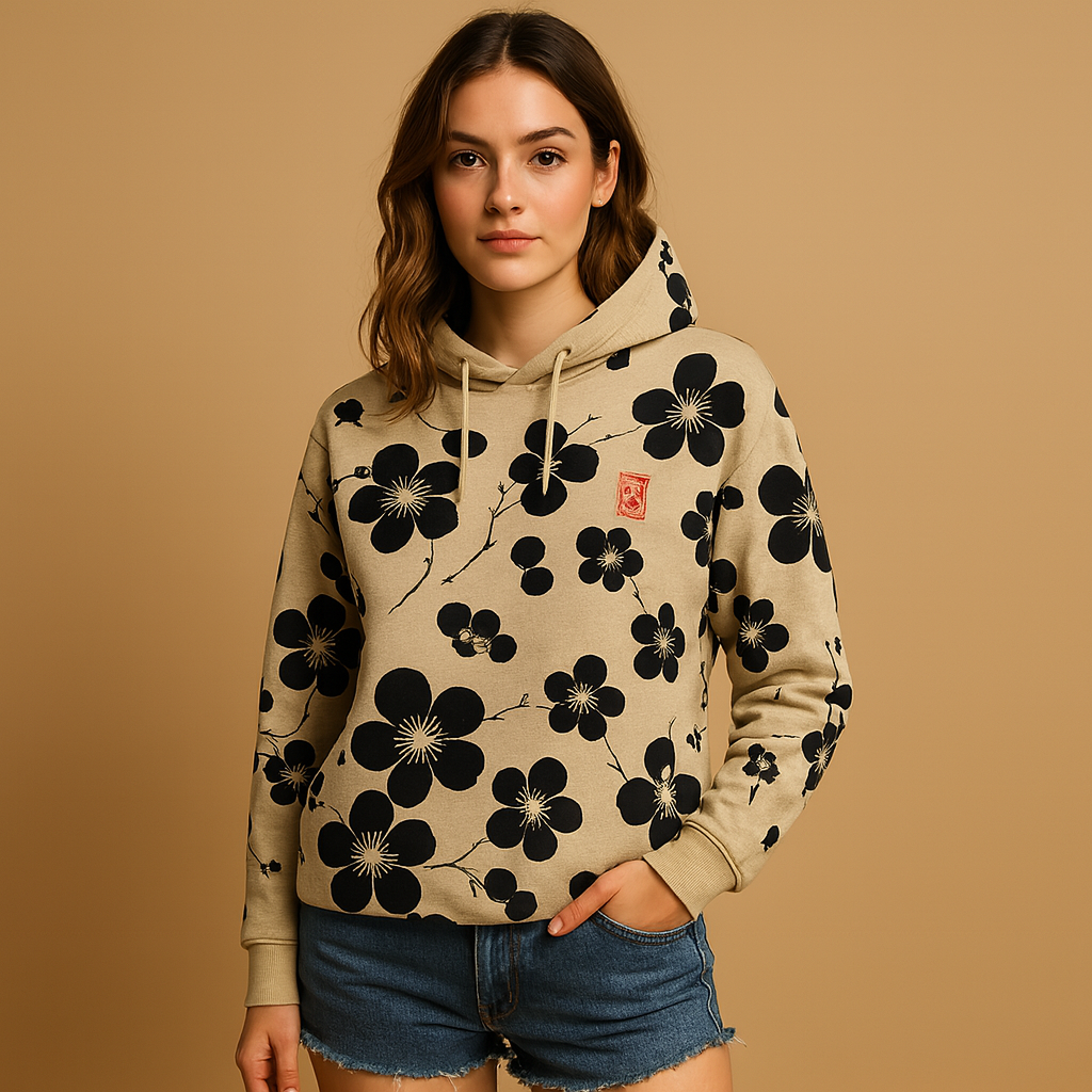 Women’s floral print hoodie sweater in black, blue, and red, featuring a soft fabric, cozy hood, and bold flower design for casual comfort.