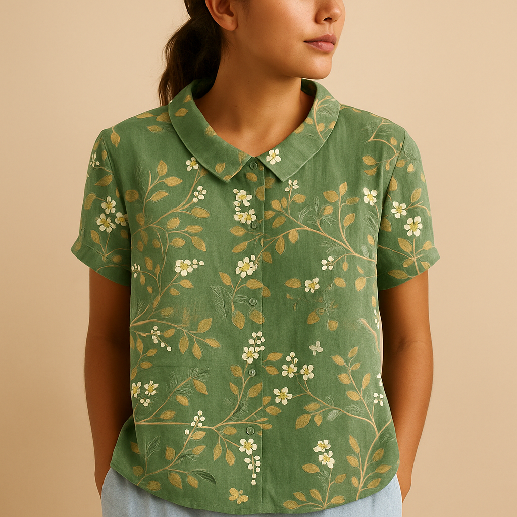 Women’s loose floral blouse with breathable fabric and multicolor flower pattern, ideal for casual summer days.