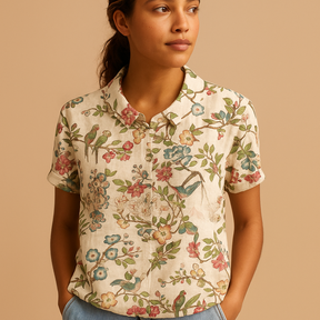 Women’s loose floral blouse with breathable fabric and multicolor flower pattern, ideal for casual summer days.