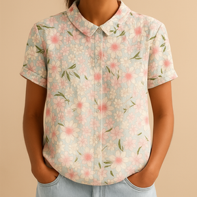 Women’s loose floral blouse with breathable fabric and multicolor flower pattern, ideal for casual summer days.