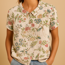 Women’s loose floral blouse with breathable fabric and multicolor flower pattern, ideal for casual summer days.
