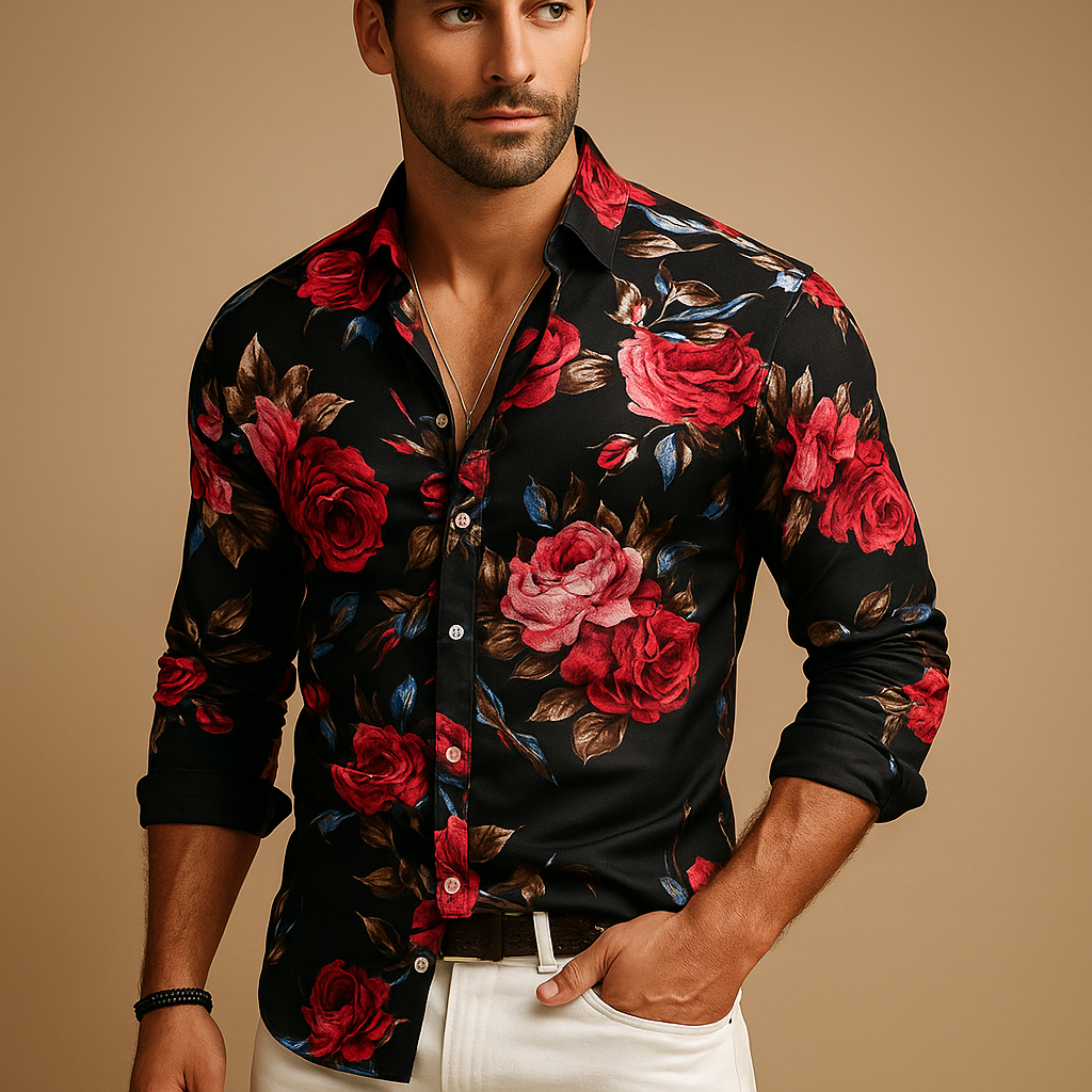 Floral print shirt for men in breathable fabric with modern fit, available in black, blue, and red for casual or festive occasions.