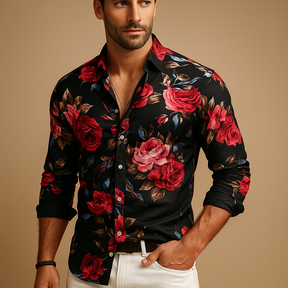 Floral print shirt for men in breathable fabric with modern fit, available in black, blue, and red for casual or festive occasions.