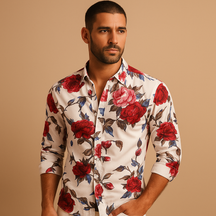 Floral print shirt for men in breathable fabric with modern fit, available in black, blue, and red for casual or festive occasions.