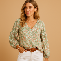 Floral summer blouse for women with long sleeves and a relaxed fit, available in pink, white, and green, perfect for sunny days or chic casual looks.