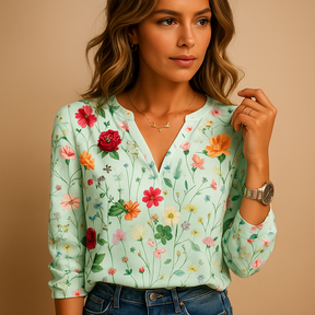 Floral V-neck blouse for women with long sleeves in breathable fabric, perfect for warm days or layering under a blazer.