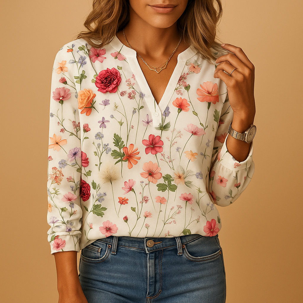 Floral V-neck blouse for women with long sleeves in breathable fabric, perfect for warm days or layering under a blazer.