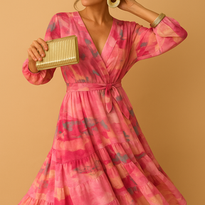 Flowy long summer dress with sleeves for women, featuring an A-line silhouette and lightweight fabric, ideal for casual and semi-formal summer occasions.