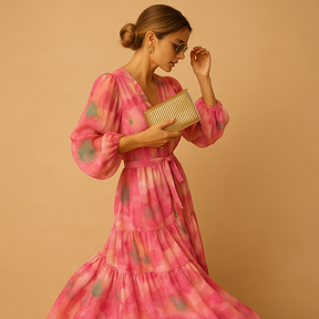 Flowy long summer dress with sleeves for women, featuring an A-line silhouette and lightweight fabric, ideal for casual and semi-formal summer occasions.