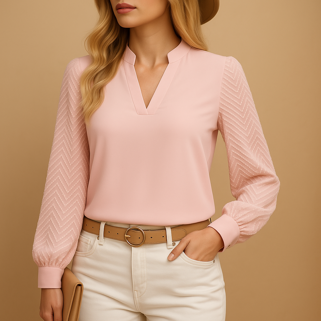Flowy V-neck blouse for women in neutral tones, with an elegant silhouette ideal for work, casual days, or layering in all seasons.