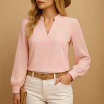 Flowy V-neck blouse for women in neutral tones, with an elegant silhouette ideal for work, casual days, or layering in all seasons.