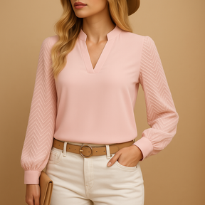 Flowy V-neck blouse for women in neutral tones, with an elegant silhouette ideal for work, casual days, or layering in all seasons.