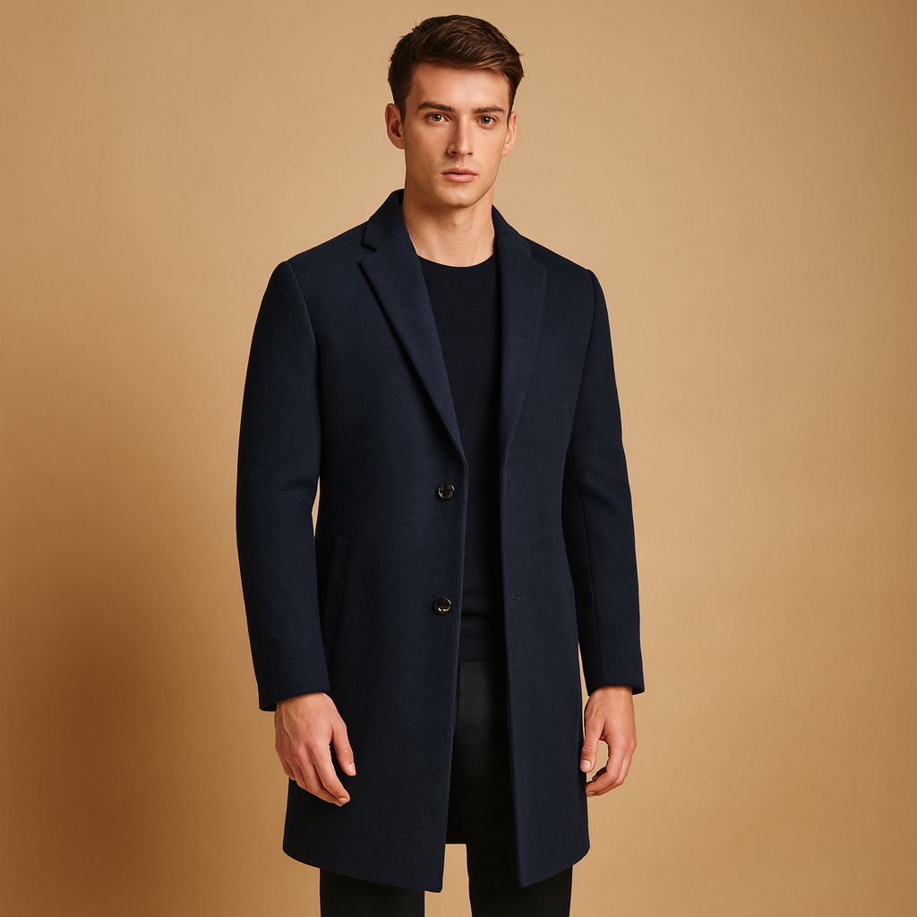 Men’s formal winter coat with a long classic design and modern tailored fit, offering warmth and elegance for business and everyday wear.