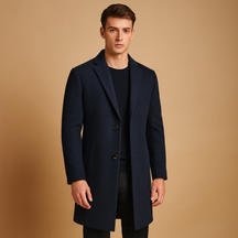 Men’s formal winter coat with a long classic design and modern tailored fit, offering warmth and elegance for business and everyday wear.