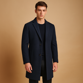 Men’s formal winter coat with a long classic design and modern tailored fit, offering warmth and elegance for business and everyday wear.