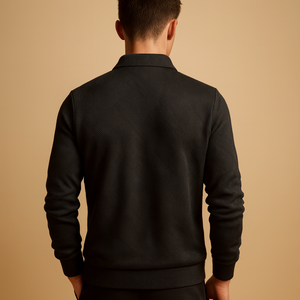 Men’s polo sweater with quarter zip and geometric print, soft fabric, and comfortable fit. Perfect for casual wear, work, or autumn and winter outfits.