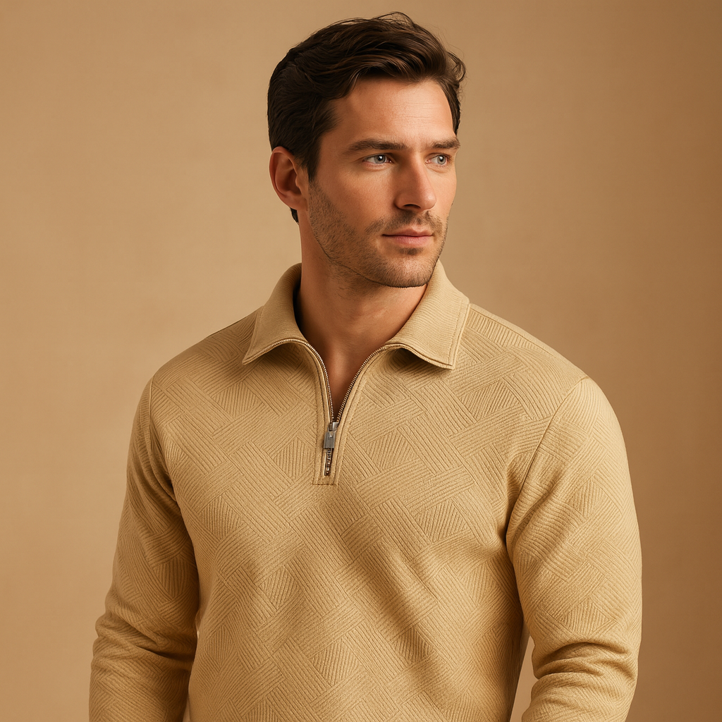 Men’s polo sweater with quarter zip and geometric print, soft fabric, and comfortable fit. Perfect for casual wear, work, or autumn and winter outfits.