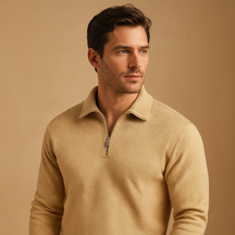 Men’s polo sweater with quarter zip and geometric print, soft fabric, and comfortable fit. Perfect for casual wear, work, or autumn and winter outfits.