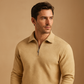 Men’s polo sweater with quarter zip and geometric print, soft fabric, and comfortable fit. Perfect for casual wear, work, or autumn and winter outfits.