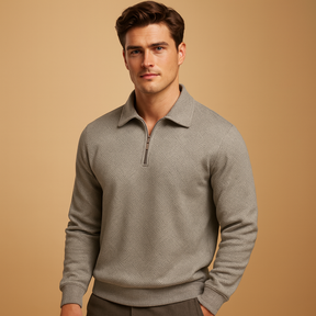 Men’s polo sweater with quarter zip and geometric print, soft fabric, and comfortable fit. Perfect for casual wear, work, or autumn and winter outfits.