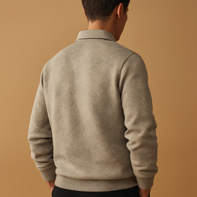 Men’s polo sweater with quarter zip and geometric print, soft fabric, and comfortable fit. Perfect for casual wear, work, or autumn and winter outfits.
